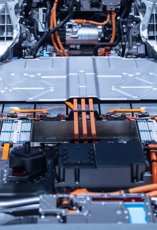 Chassis of the electric car with powertrain and power connections